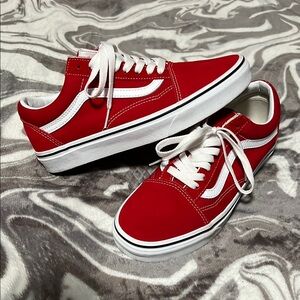 Vans Red and White Old Skool Sneakers with Iconic Jazz Stripe